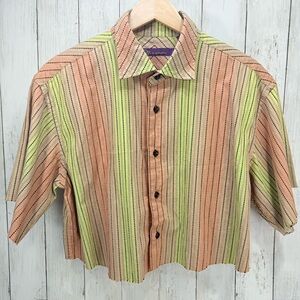 Women’s boyfriend button up crop top fringe hems distressed striped top Size L